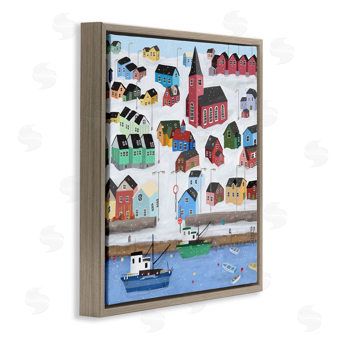 Carla Daly Greenland Winter Harbor Cityscape Snowy Landscape Brown Floating Frame Canvas Wall Art Print