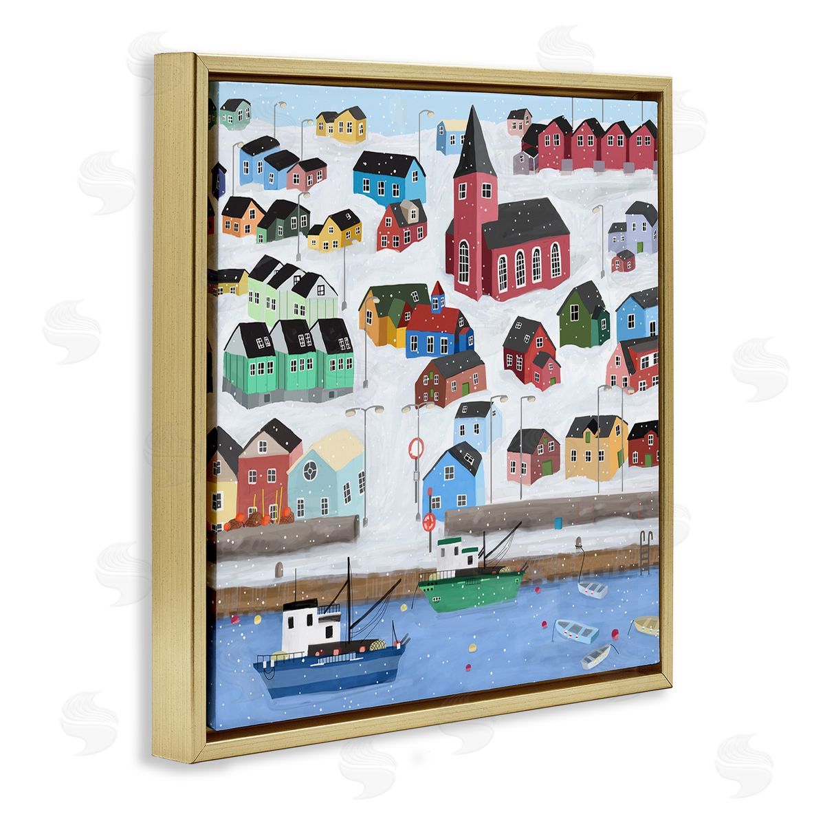Carla Daly Greenland Winter Harbor Cityscape Snowy Landscape Gold Floating Frame Canvas Wall Art Print