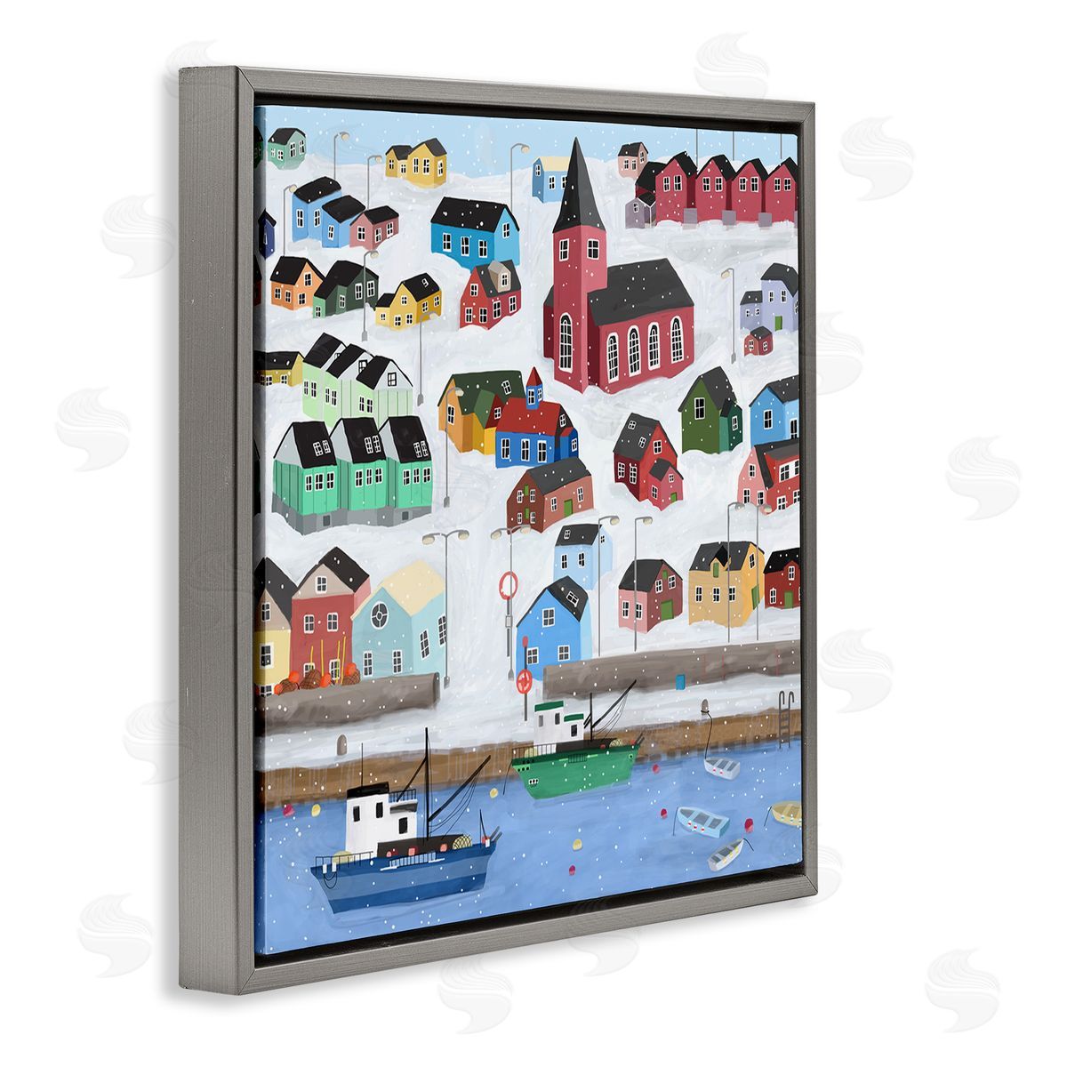 Carla Daly Greenland Winter Harbor Cityscape Snowy Landscape Gray Floating Frame Canvas Wall Art Print
