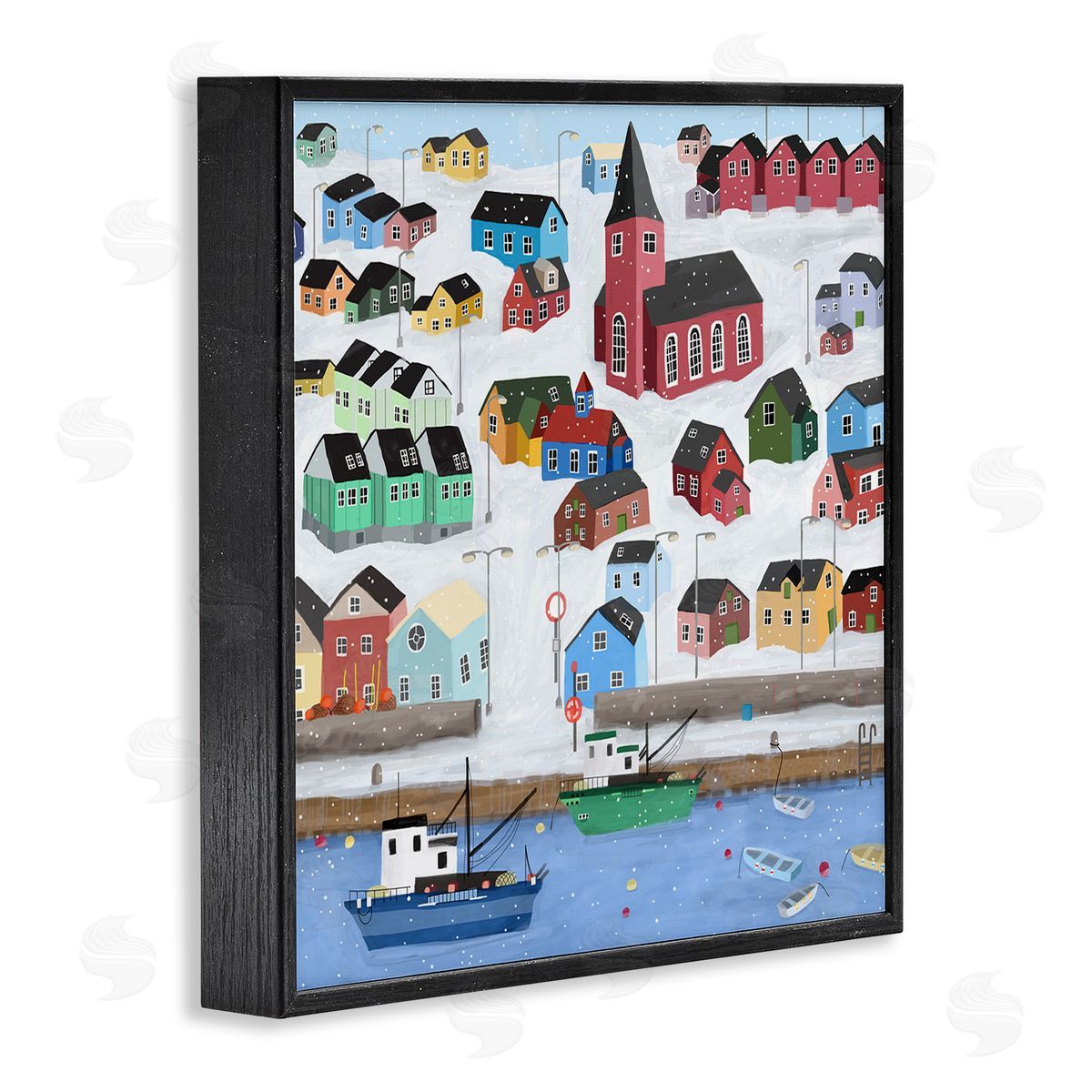 Carla Daly Greenland Winter Harbor Cityscape Snowy Landscape Black Framed Glicee Wall Art Print