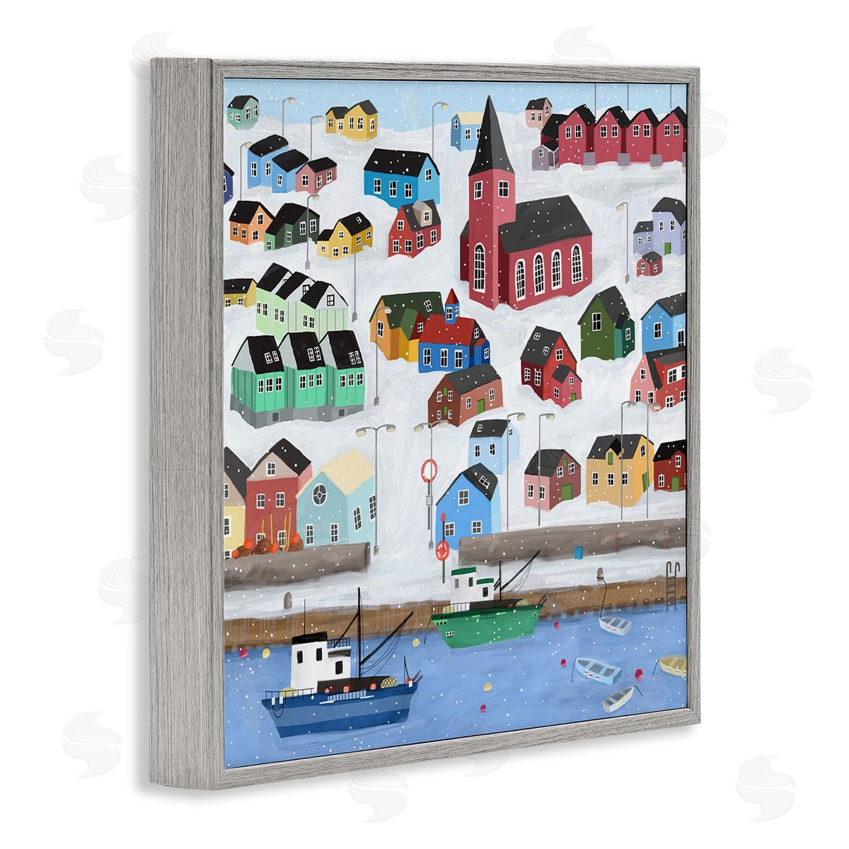 Carla Daly Greenland Winter Harbor Cityscape Snowy Landscape Gray Framed Glicee Wall Art Print