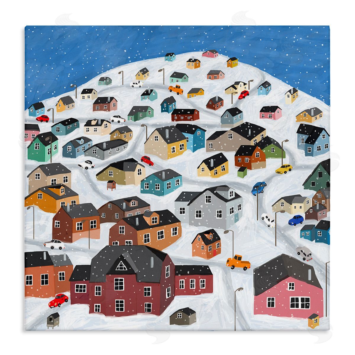 Carla Daly Snowy Village on Hill Cityscape Greenland Town Buildings Stretched Canvas Wall Art Print