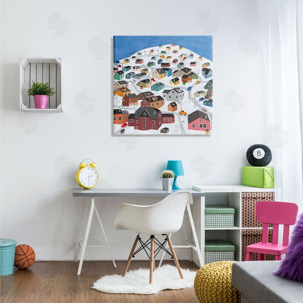Carla Daly Snowy Village on Hill Cityscape Greenland Town Buildings Canvas Wall Art in Room