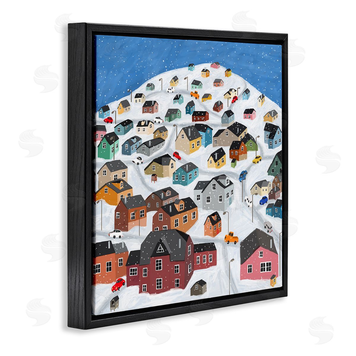Carla Daly Snowy Village on Hill Cityscape Greenland Town Buildings Black Floating Frame Canvas Wall Art Print