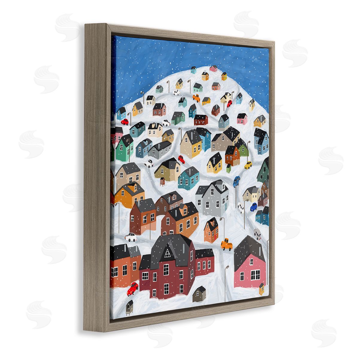 Carla Daly Snowy Village on Hill Cityscape Greenland Town Buildings Brown Floating Frame Canvas Wall Art Print