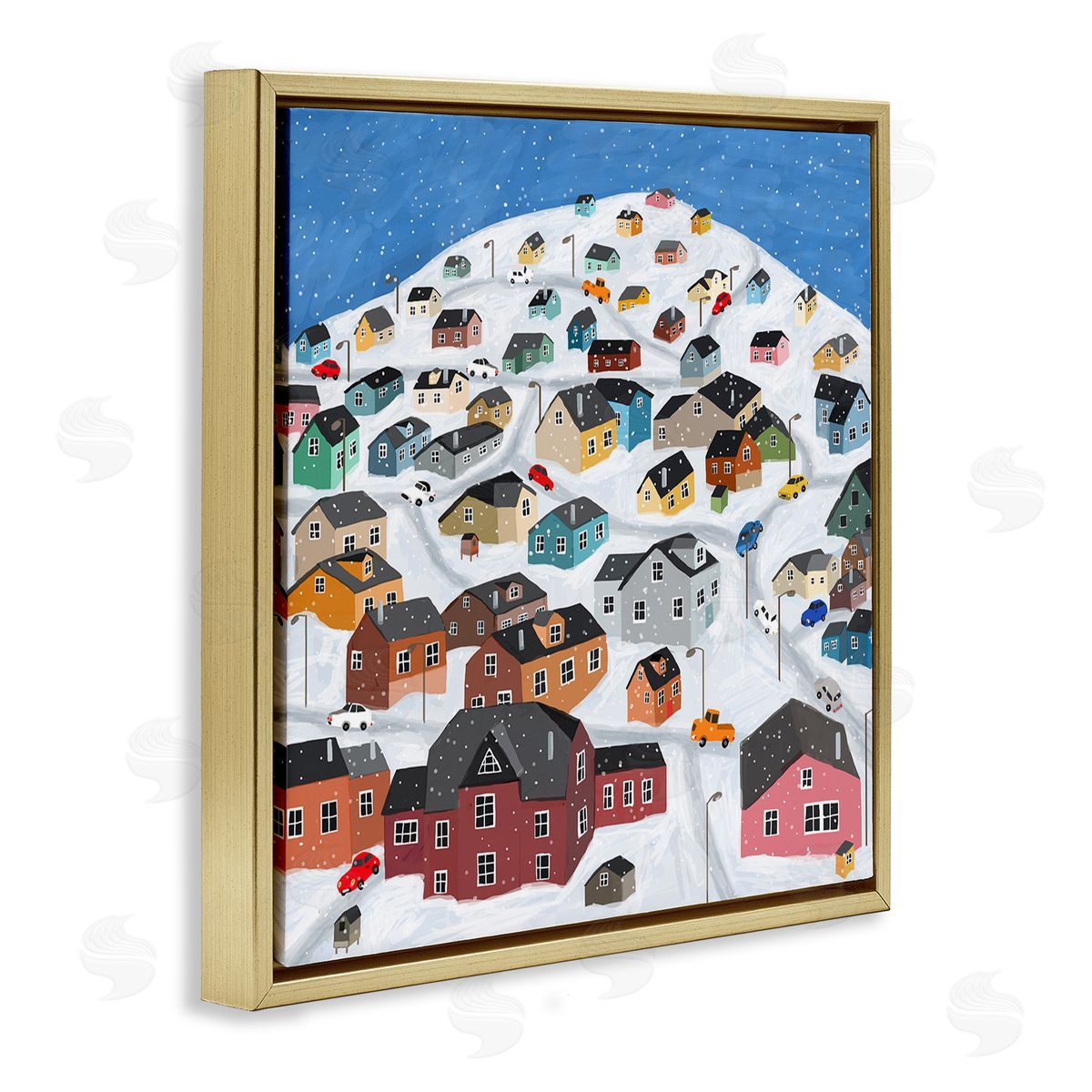 Carla Daly Snowy Village on Hill Cityscape Greenland Town Buildings Gold Floating Frame Canvas Wall Art Print