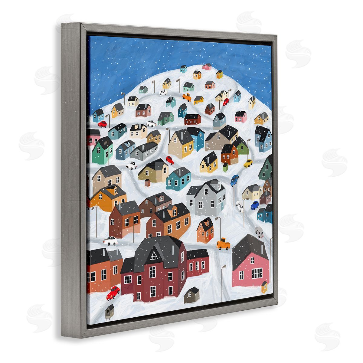 Carla Daly Snowy Village on Hill Cityscape Greenland Town Buildings Gray Floating Frame Canvas Wall Art Print