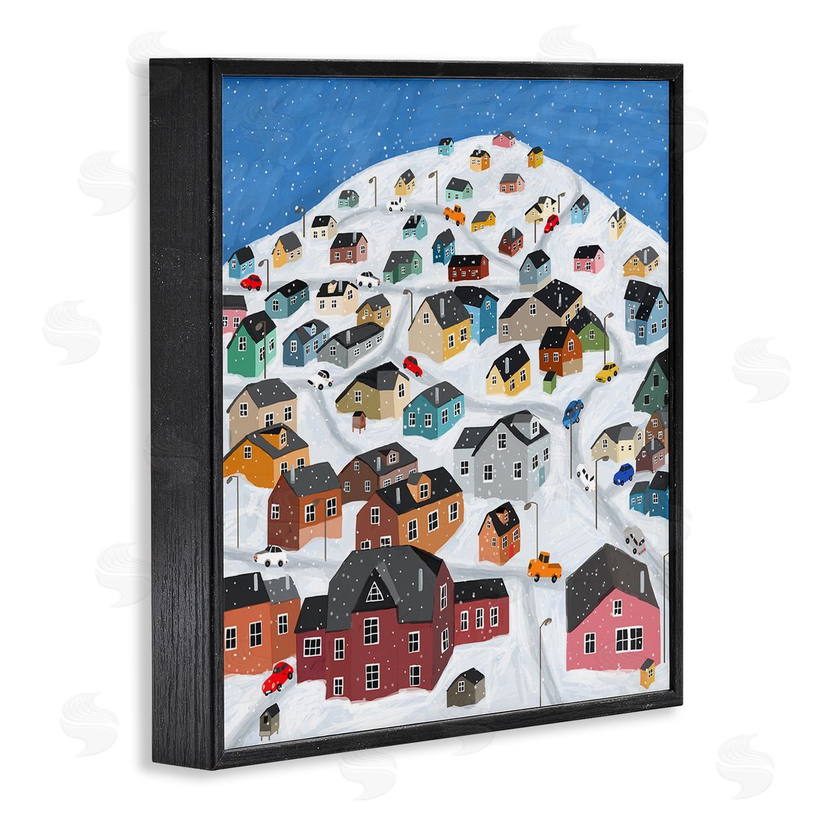 Carla Daly Snowy Village on Hill Cityscape Greenland Town Buildings Black Framed Glicee Wall Art Print
