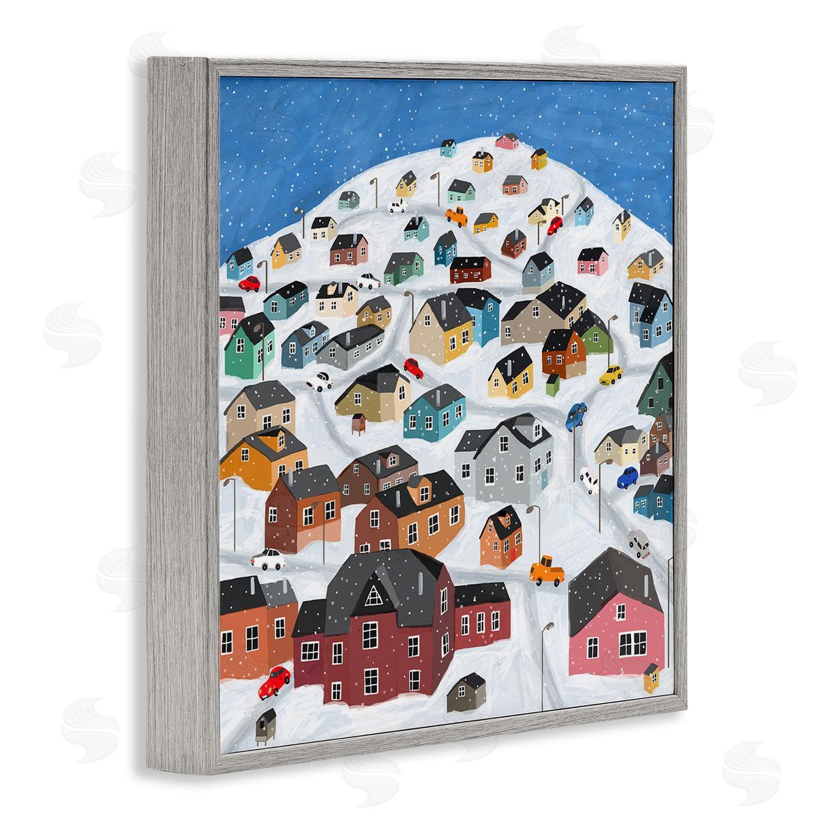 Carla Daly Snowy Village on Hill Cityscape Greenland Town Buildings Gray Framed Glicee Wall Art Print