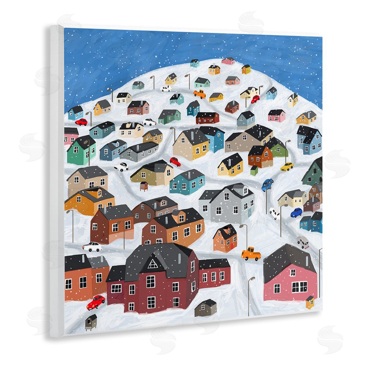 Carla Daly Snowy Village on Hill Cityscape Greenland Town Buildings Wooden Wall Plaque Art Print