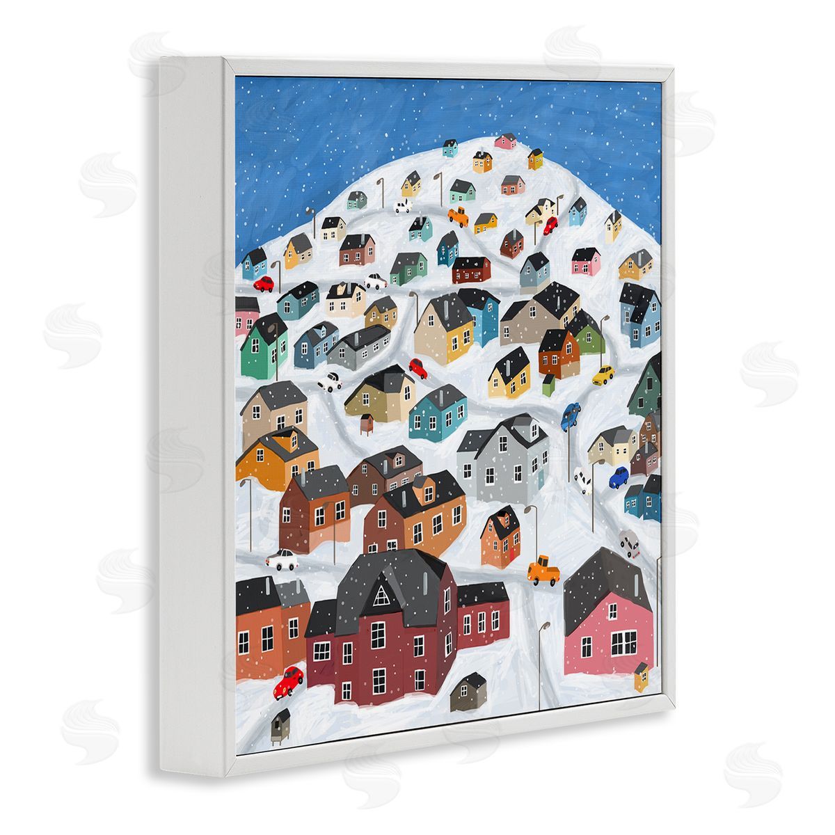 Carla Daly Snowy Village on Hill Cityscape Greenland Town Buildings White Framed Glicee Wall Art Print