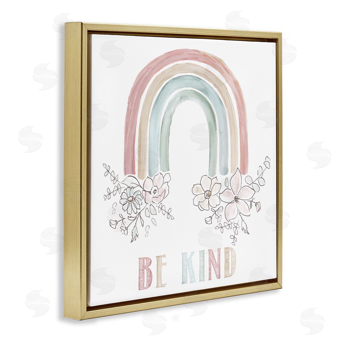 Nan Be Kind Phrase Spring Florals Soft Tone Rainbow Gold Floating Frame Canvas Wall Art Print