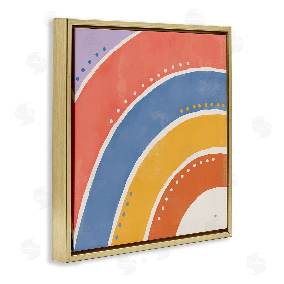 Veronique Charron Playful Primary Color Half Rainbow Polka Dot Stripes Gold Floating Frame Canvas Wall Art Print