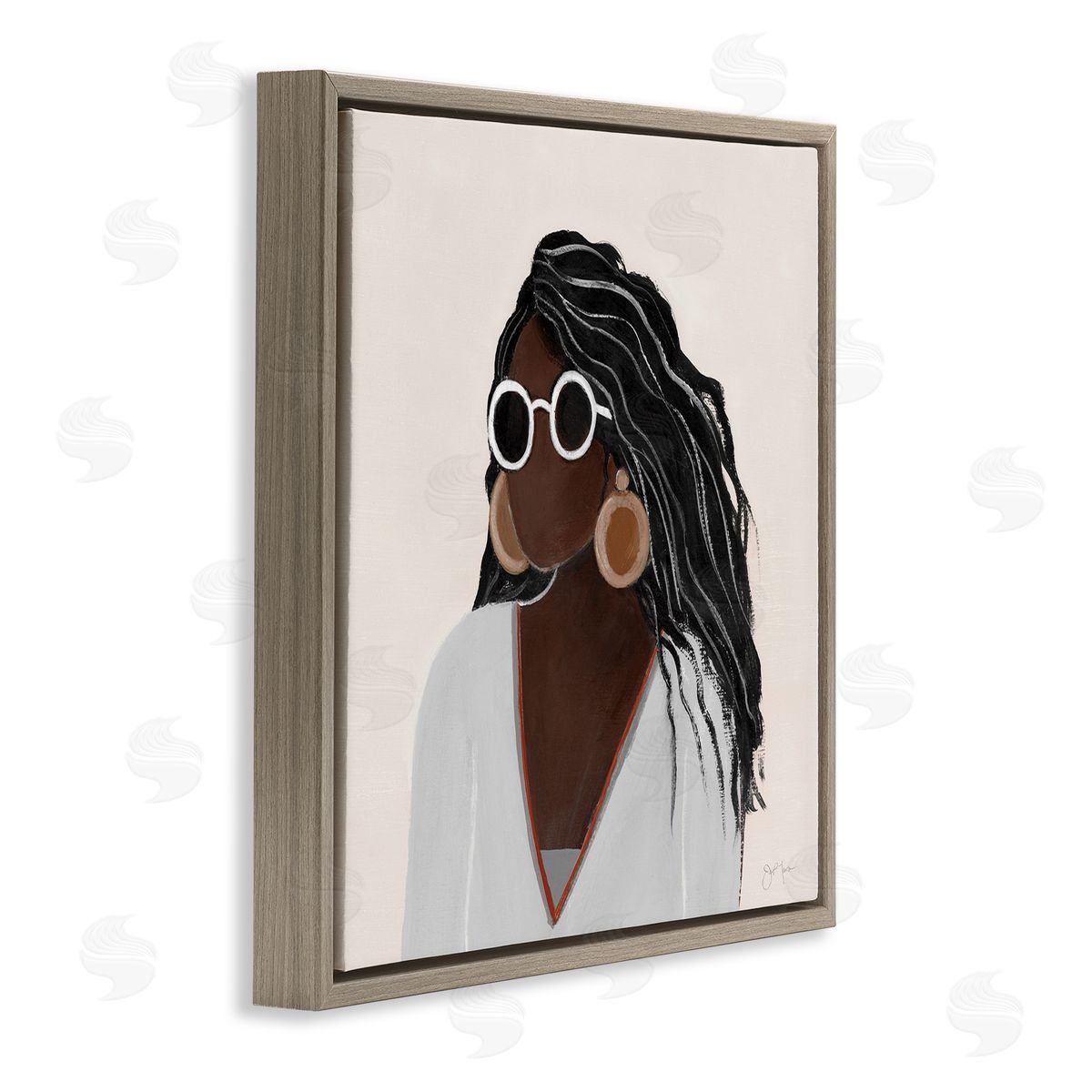 Tava Studios Female Portrait with Bold Sunglasses Comfy Fashion Brown Floating Frame Canvas Wall Art Print