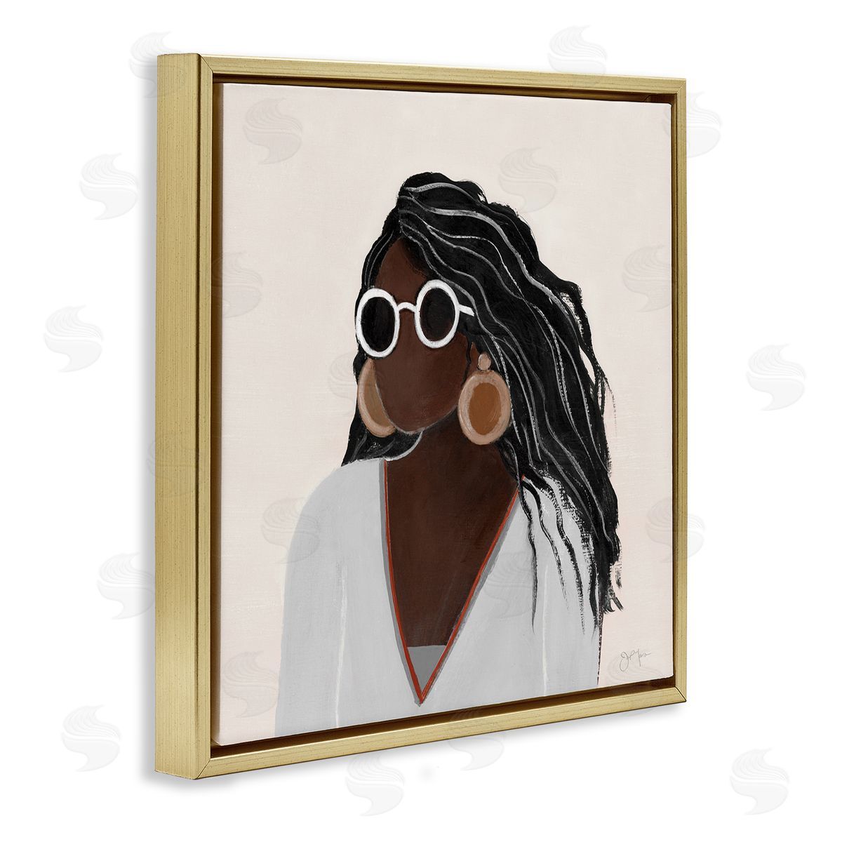 Tava Studios Female Portrait with Bold Sunglasses Comfy Fashion Gold Floating Frame Canvas Wall Art Print