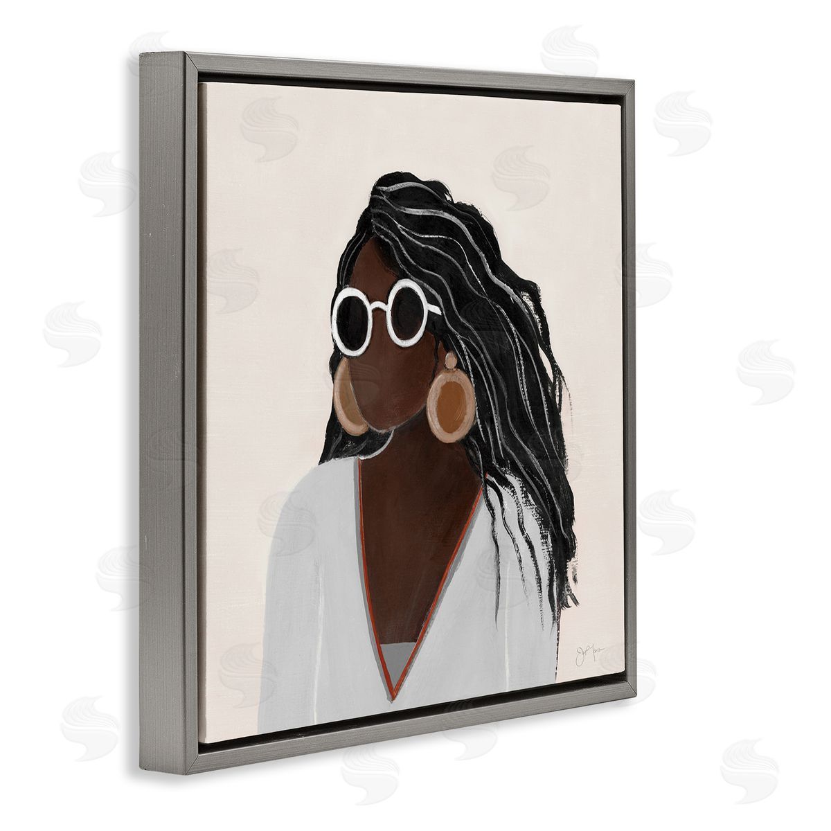 Tava Studios Female Portrait with Bold Sunglasses Comfy Fashion Gray Floating Frame Canvas Wall Art Print