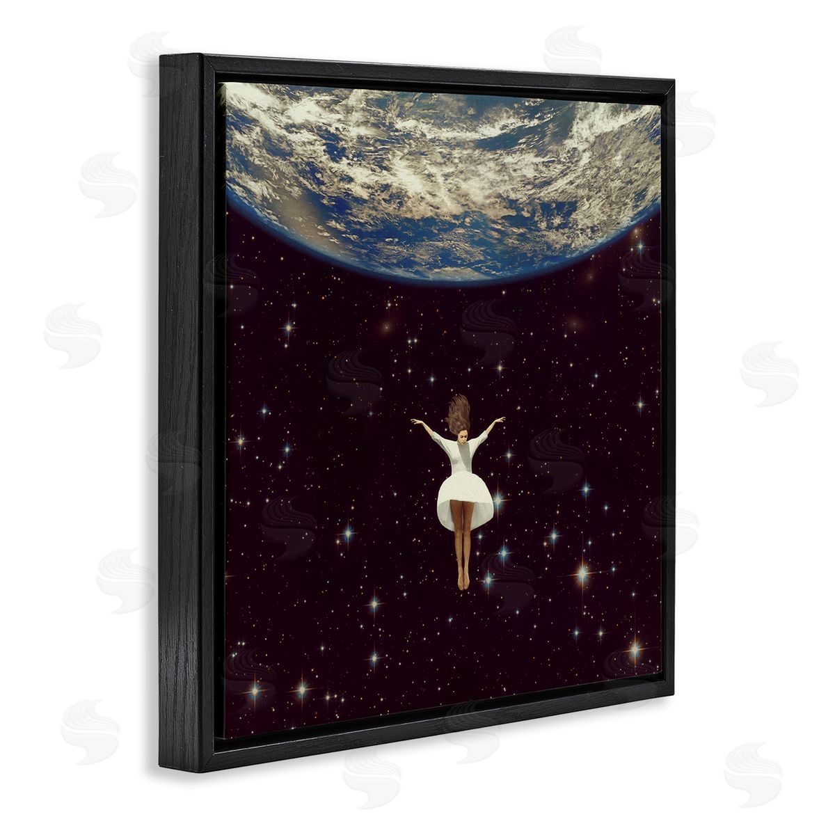 Paula Belle Flores Woman Falling Through Space White Dress Earth Black Floating Frame Canvas Wall Art Print