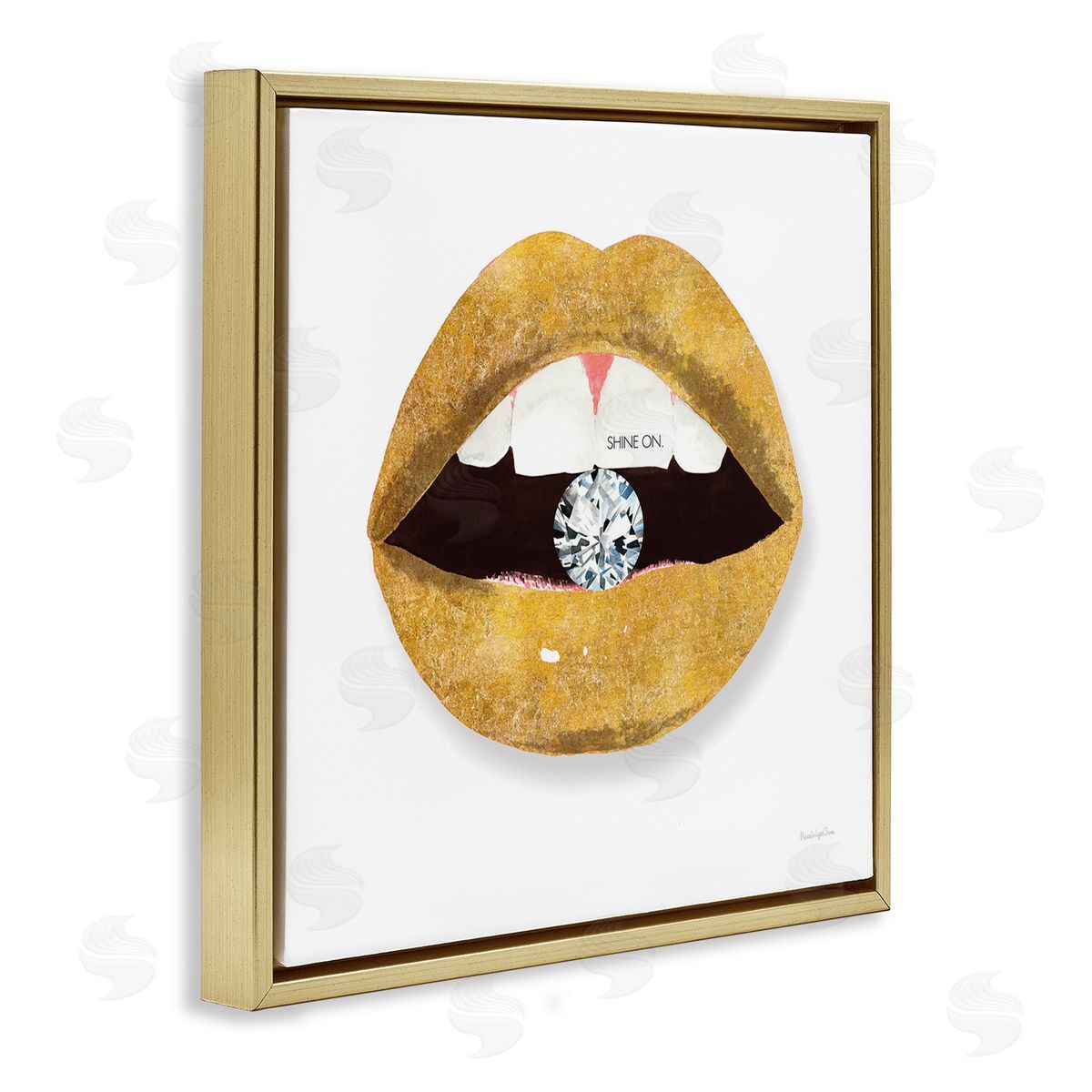 Mercedes Lopez Charro Shine On Sentiment Gold Lips Glam Diamond Bite Gold Floating Frame Canvas Wall Art Print