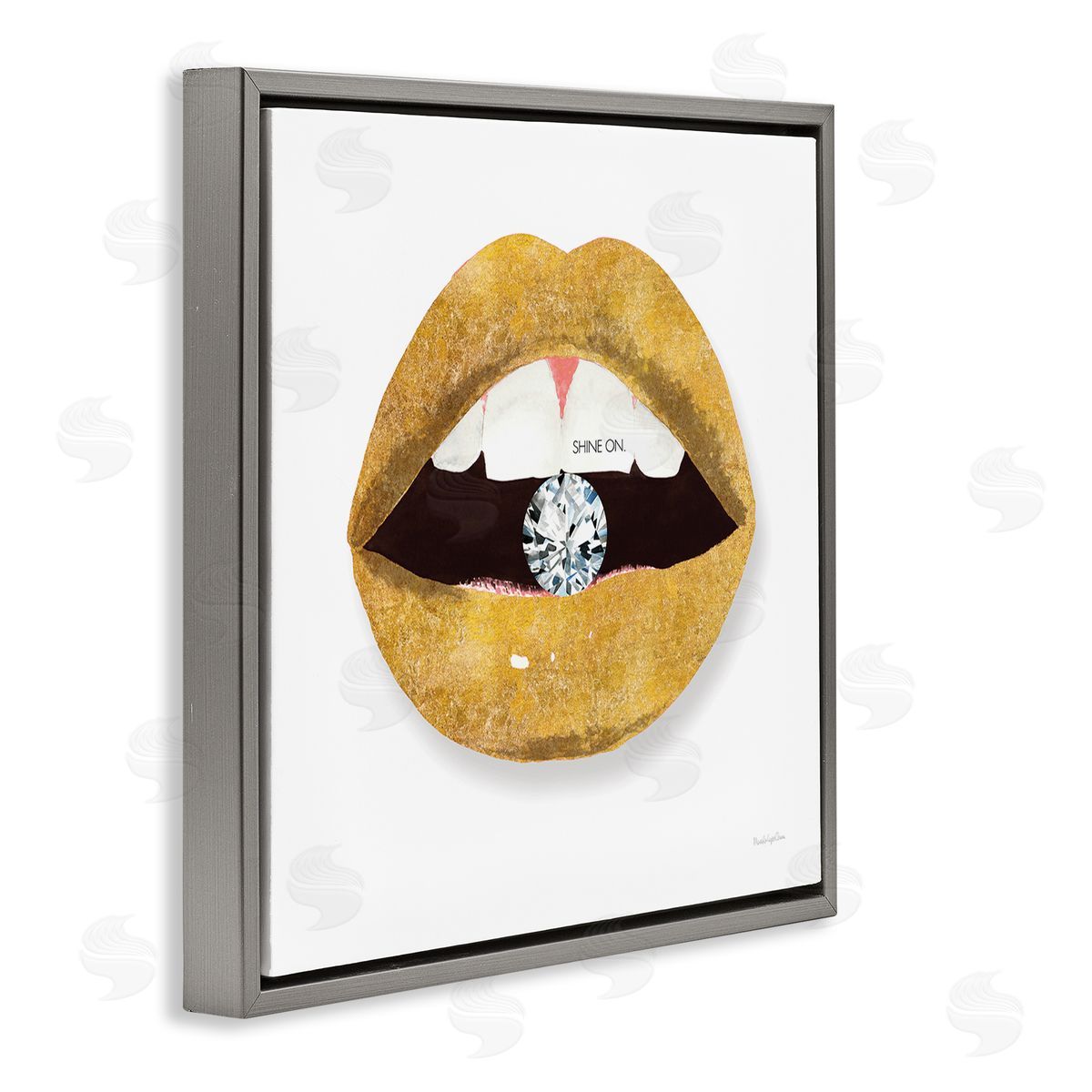 Mercedes Lopez Charro Shine On Sentiment Gold Lips Glam Diamond Bite Gray Floating Frame Canvas Wall Art Print