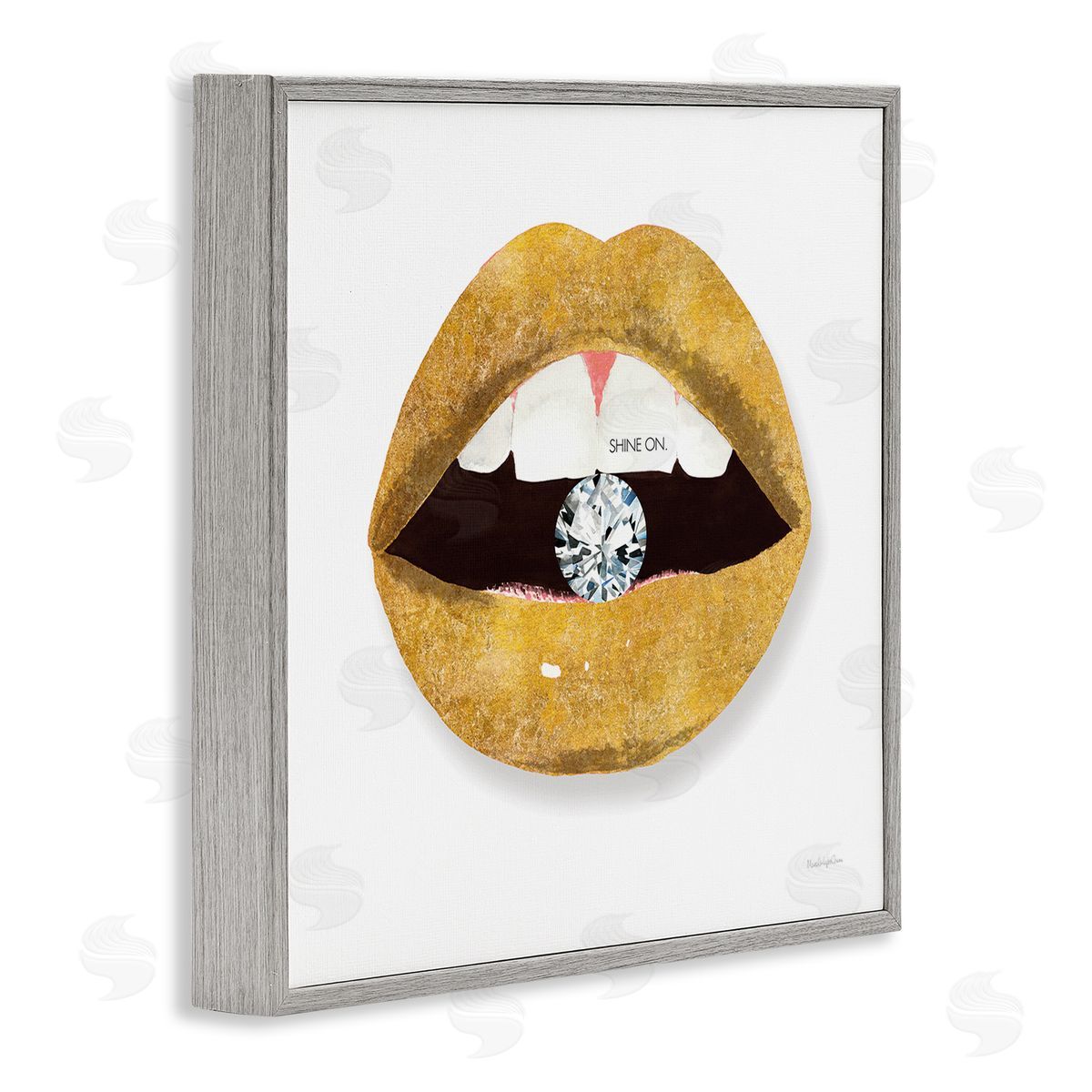 Mercedes Lopez Charro Shine On Sentiment Gold Lips Glam Diamond Bite Gray Framed Glicee Wall Art Print