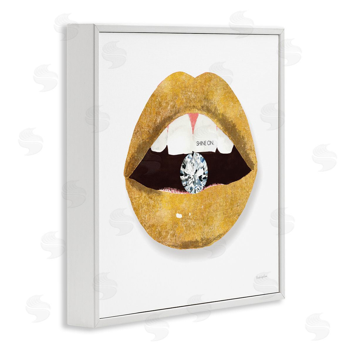 Mercedes Lopez Charro Shine On Sentiment Gold Lips Glam Diamond Bite White Framed Glicee Wall Art Print