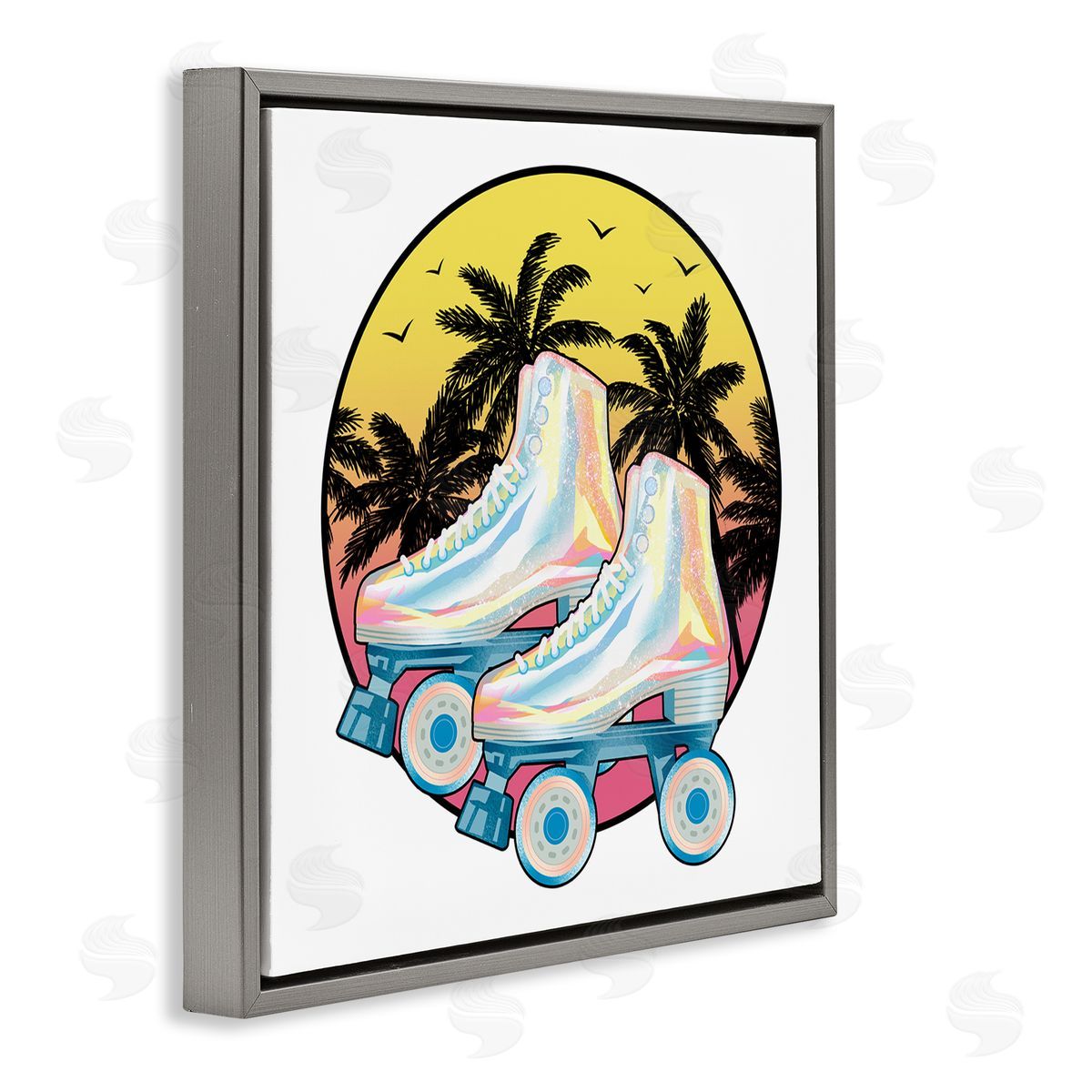 Ziwei Li Retro Tropical Summer Sky Vintage Roller Skating Derby Gray Floating Frame Canvas Wall Art Print
