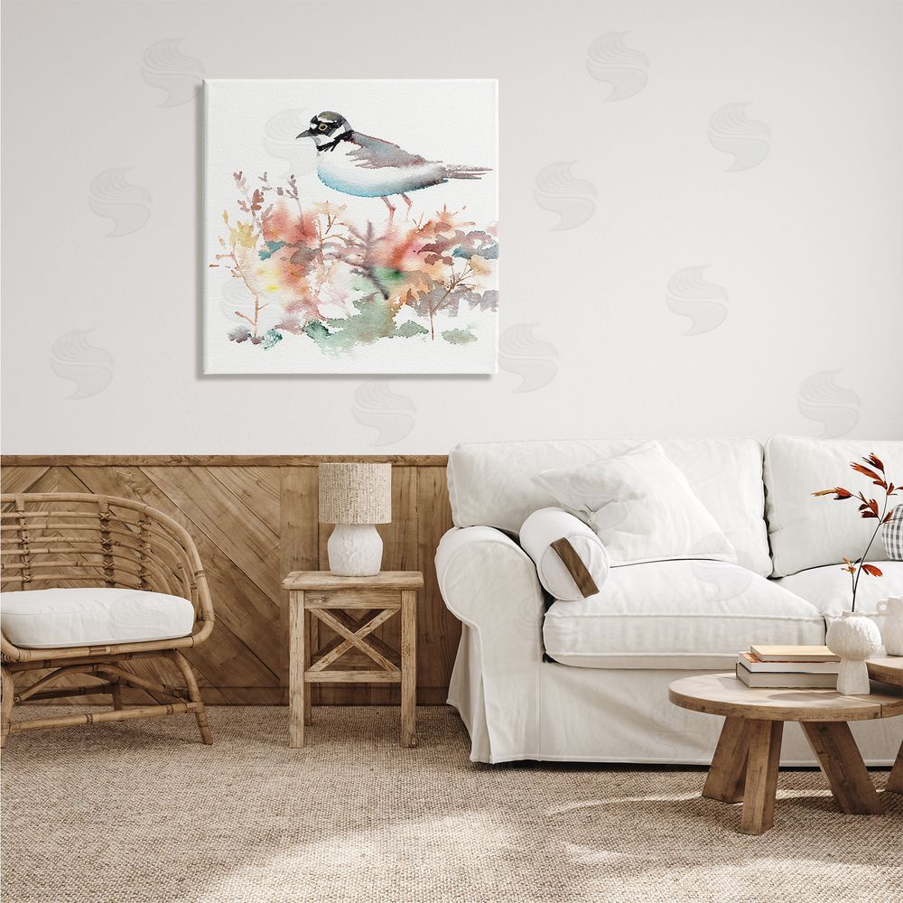 Verbrugge Watercolor Little Ringed Plover Bird in Country Wildflower Field Canvas Wall Art in Room