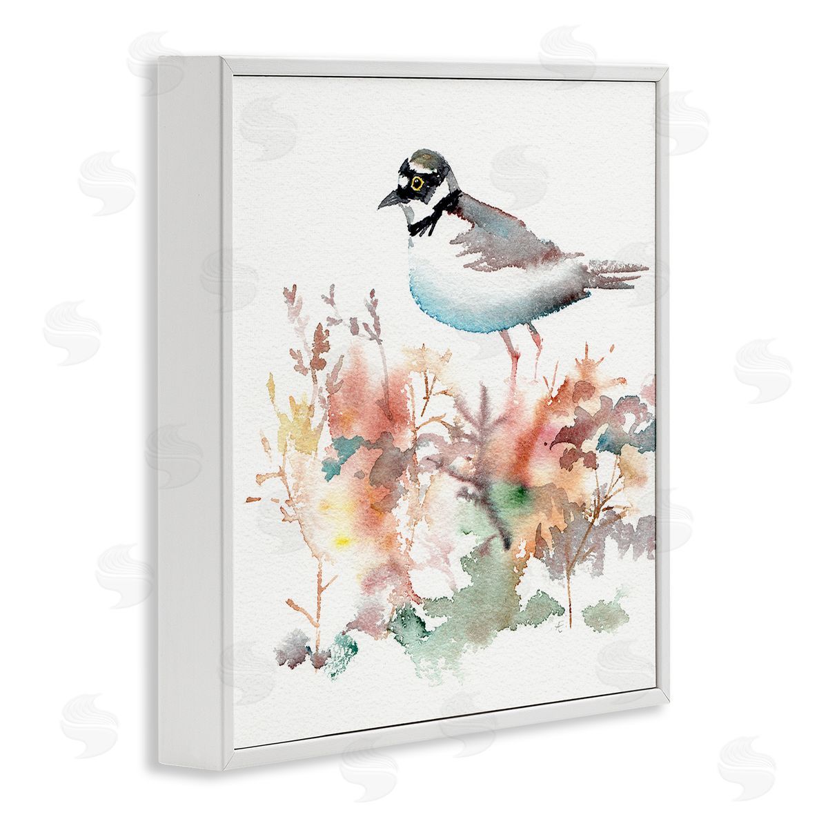 Verbrugge Watercolor Little Ringed Plover Bird in Country Wildflower Field White Framed Glicee Wall Art Print