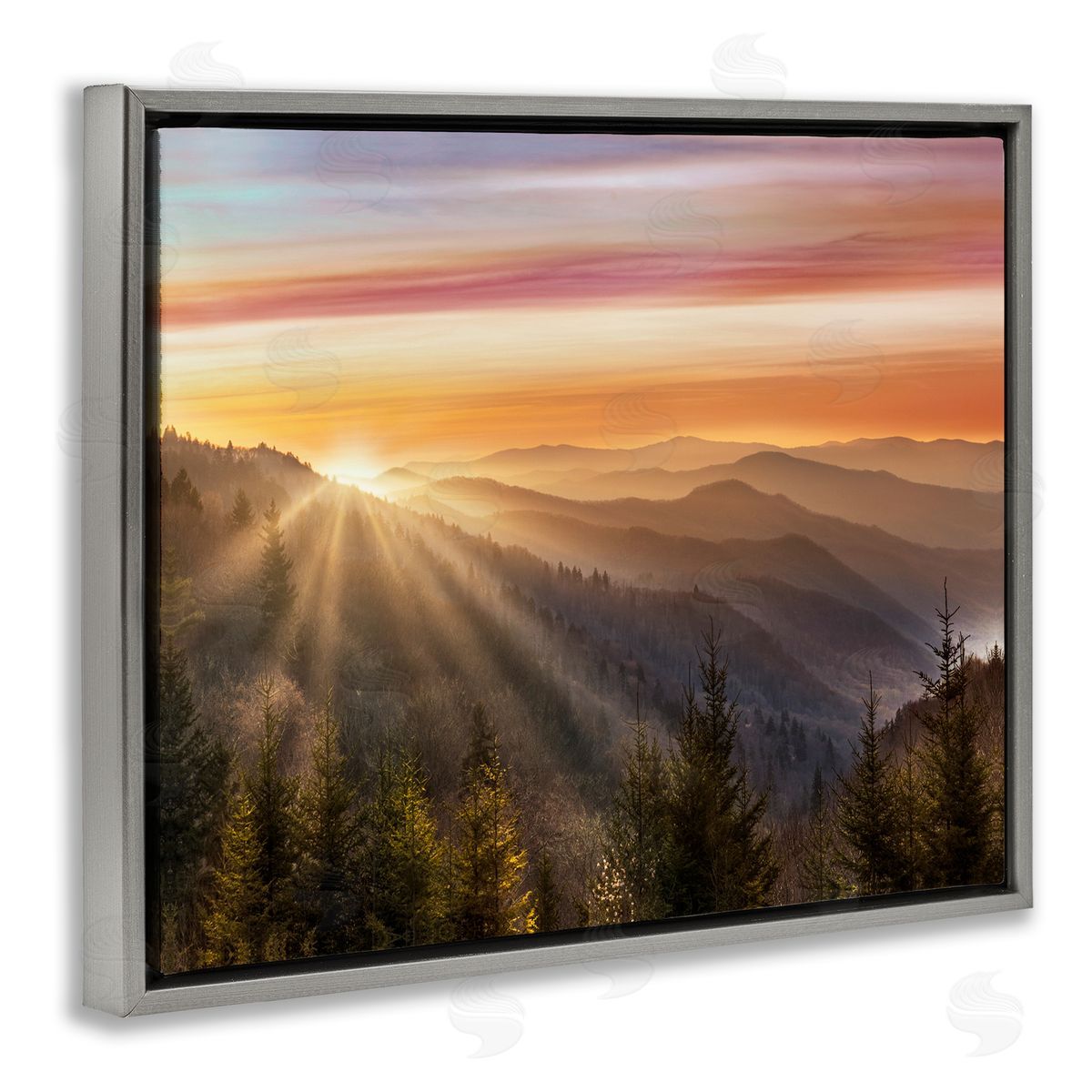 Sunrise Through Mountain Forest Skyline Grey Floating Frame Canvas Wall Art, Home Decor by Danita Delimont