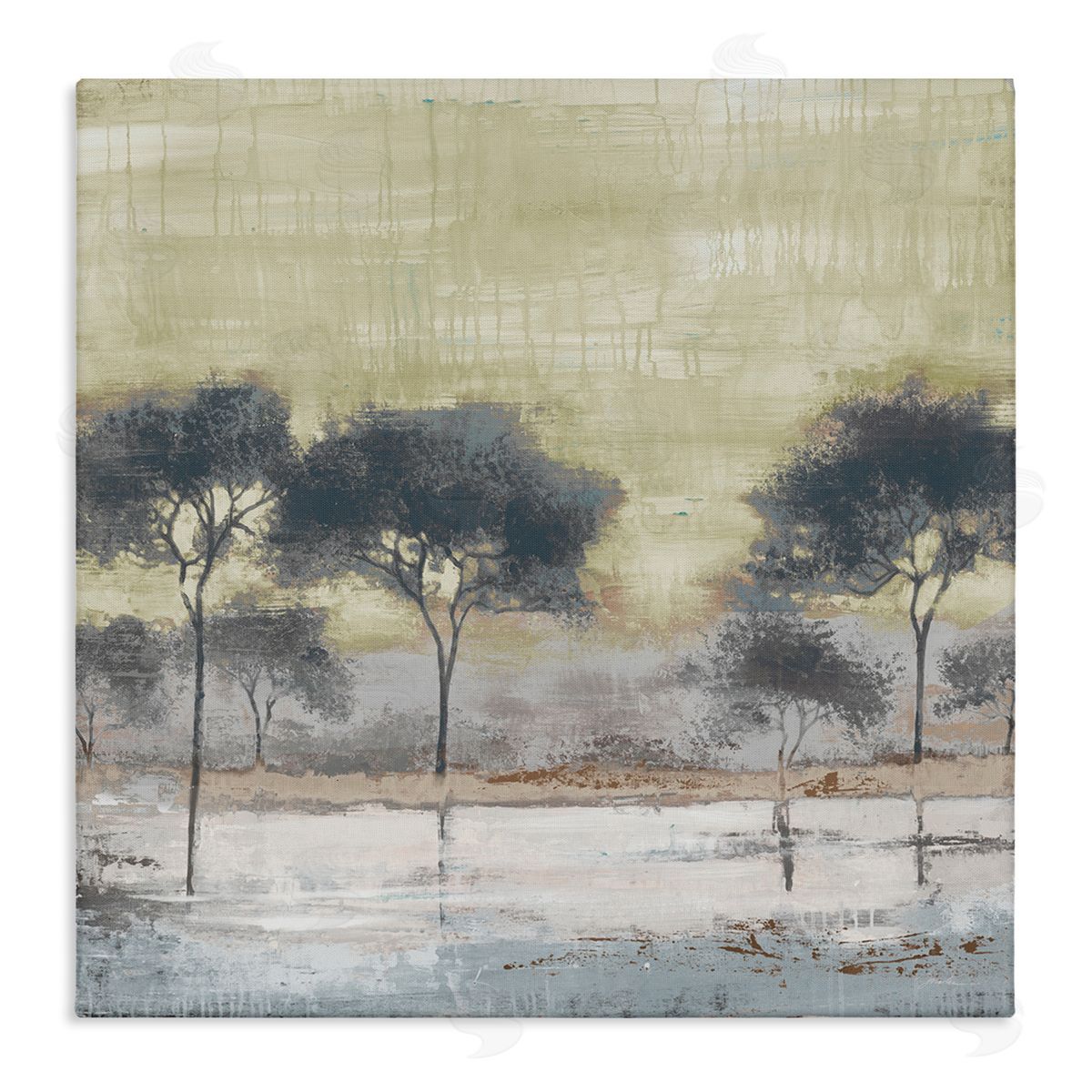 Liz Jardine Rustic Abstract Tree Forest Blue Lake Neutral Sky Stretched Canvas Wall Art Print