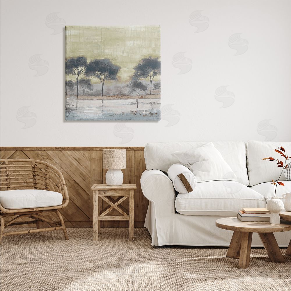 Liz Jardine Rustic Abstract Tree Forest Blue Lake Neutral Sky Canvas Wall Art in Room