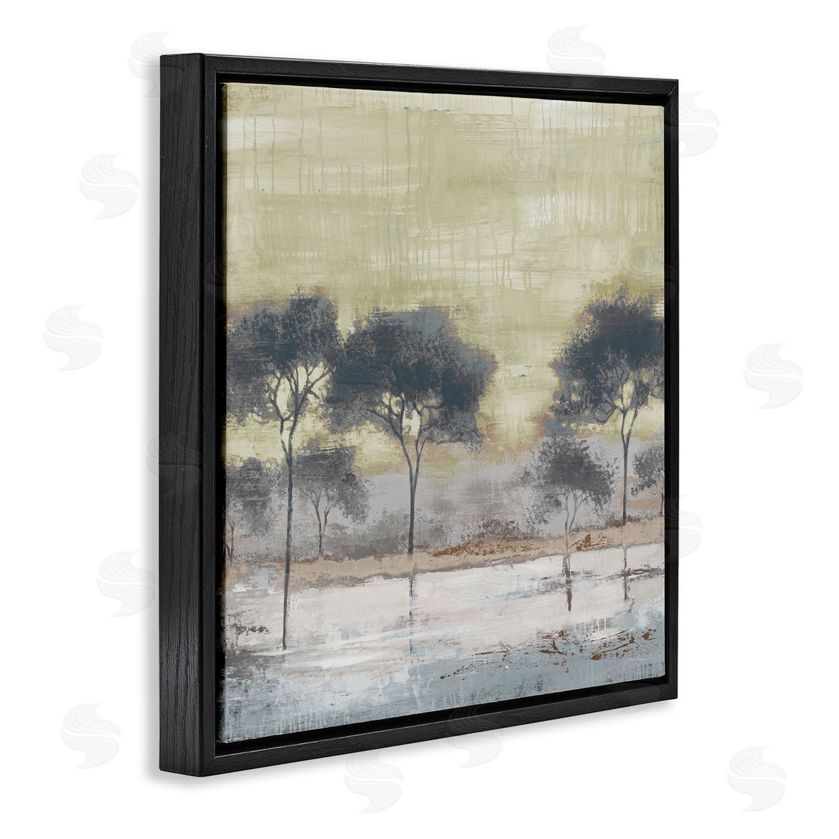 Liz Jardine Rustic Abstract Tree Forest Blue Lake Neutral Sky Black Floating Frame Canvas Wall Art Print