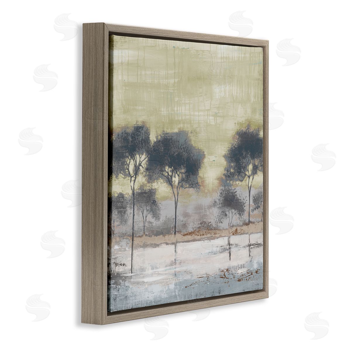 Liz Jardine Rustic Abstract Tree Forest Blue Lake Neutral Sky Brown Floating Frame Canvas Wall Art Print