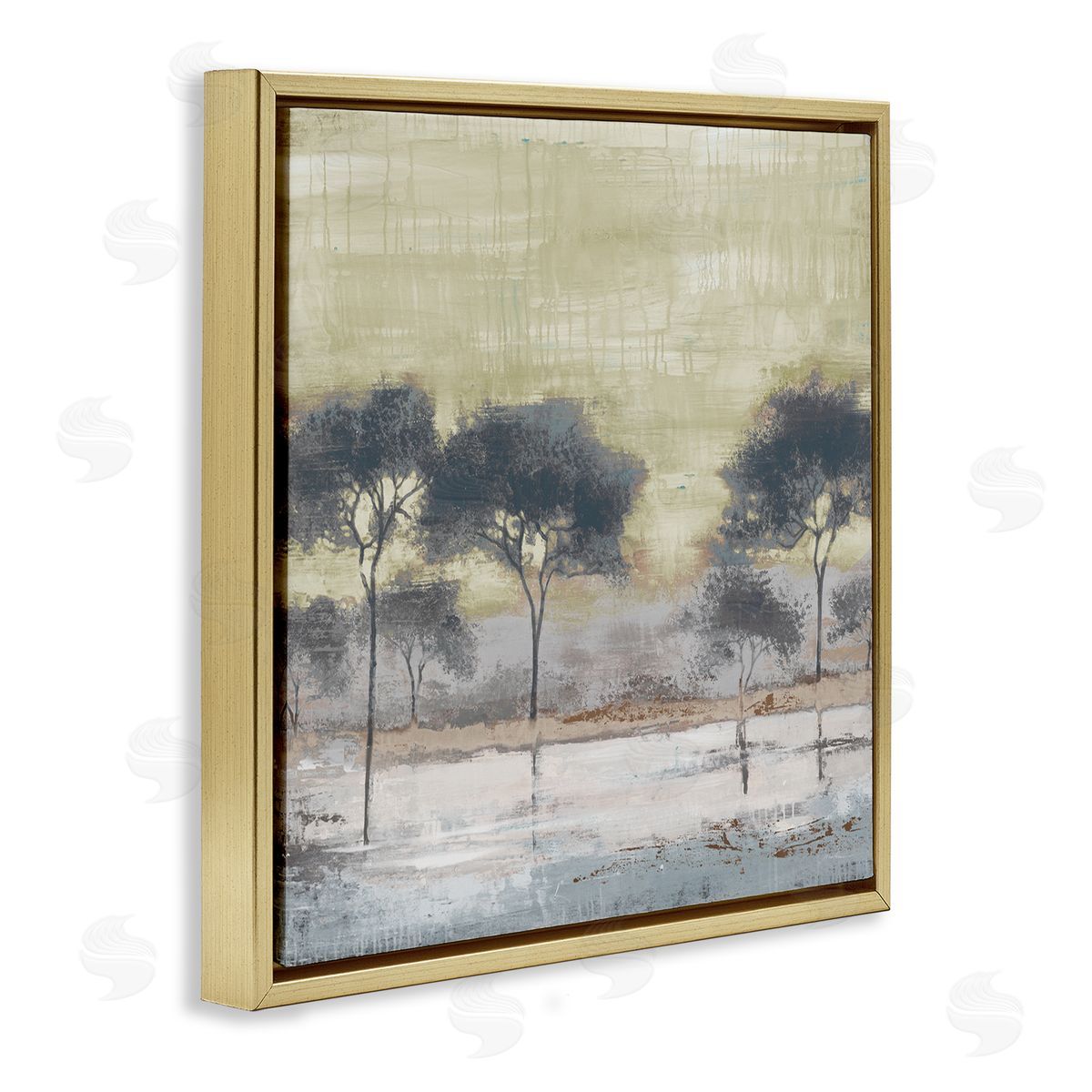 Liz Jardine Rustic Abstract Tree Forest Blue Lake Neutral Sky Gold Floating Frame Canvas Wall Art Print