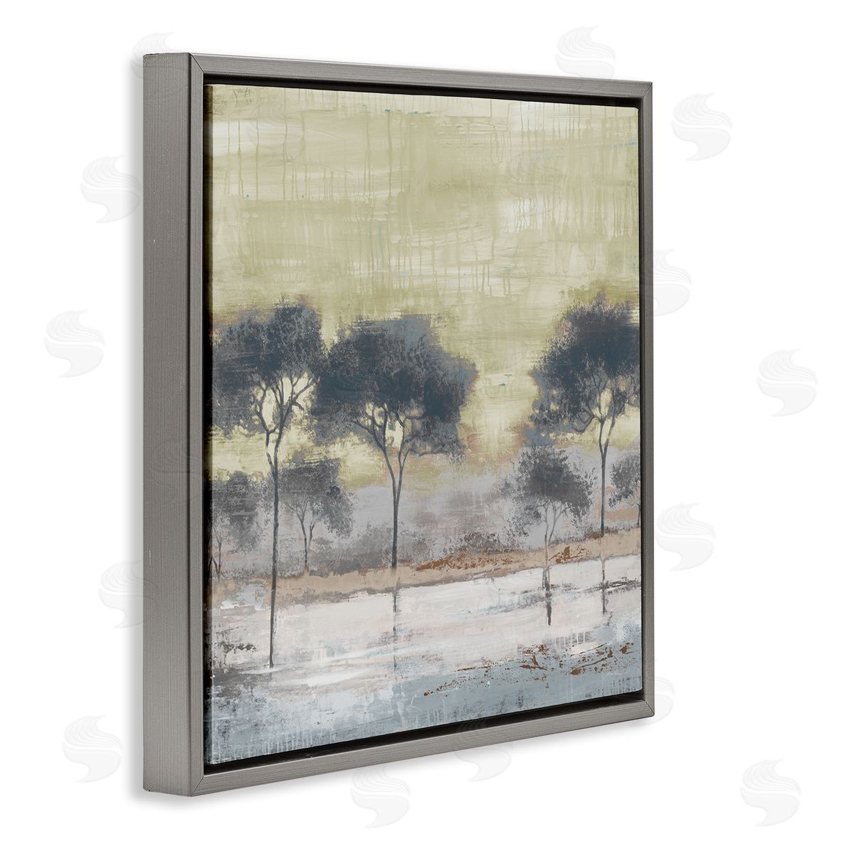 Liz Jardine Rustic Abstract Tree Forest Blue Lake Neutral Sky Gray Floating Frame Canvas Wall Art Print