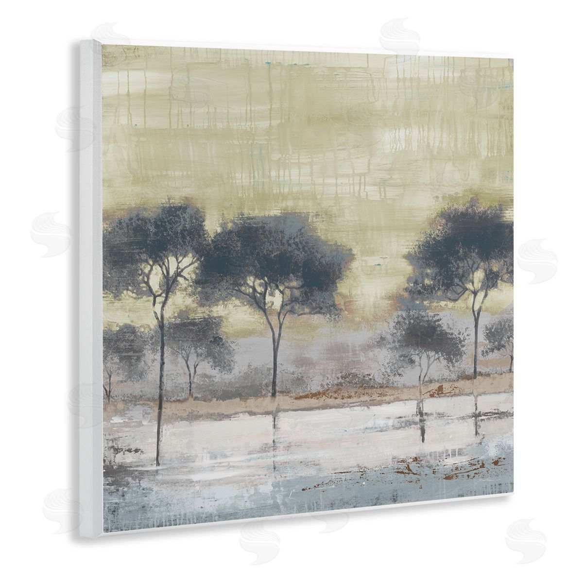 Liz Jardine Rustic Abstract Tree Forest Blue Lake Neutral Sky Wooden Wall Plaque Art Print