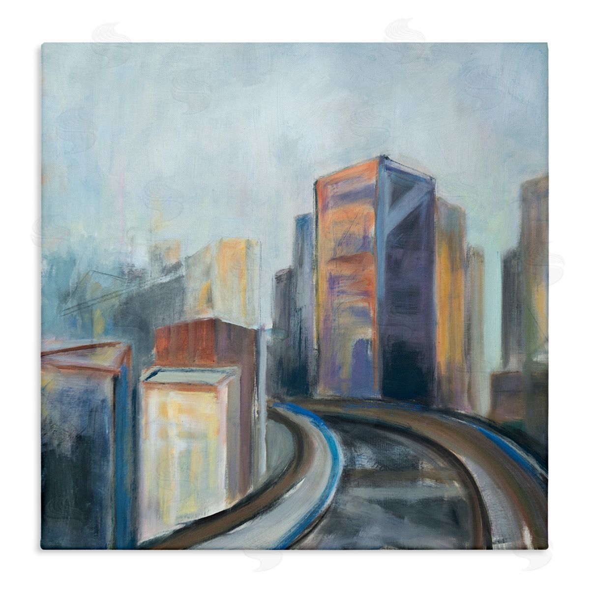 Susanne Marie Contemporary Cityscape Painting Abstract Railway Though Urban Skyline Stretched Canvas Wall Art Print