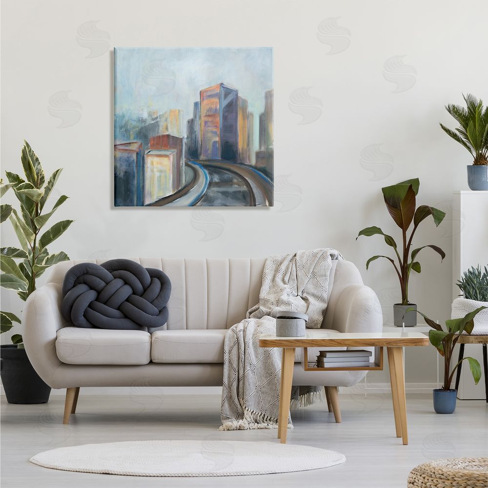 Susanne Marie Contemporary Cityscape Painting Abstract Railway Though Urban Skyline Canvas Wall Art in Room