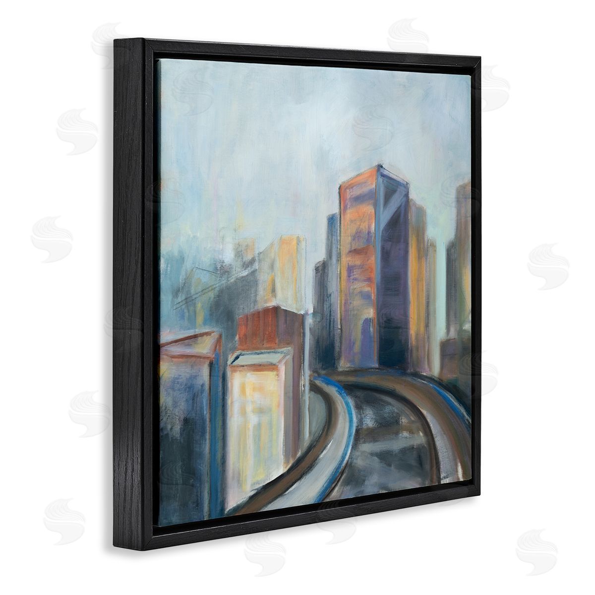 Susanne Marie Contemporary Cityscape Painting Abstract Railway Though Urban Skyline Black Floating Frame Canvas Wall Art Print