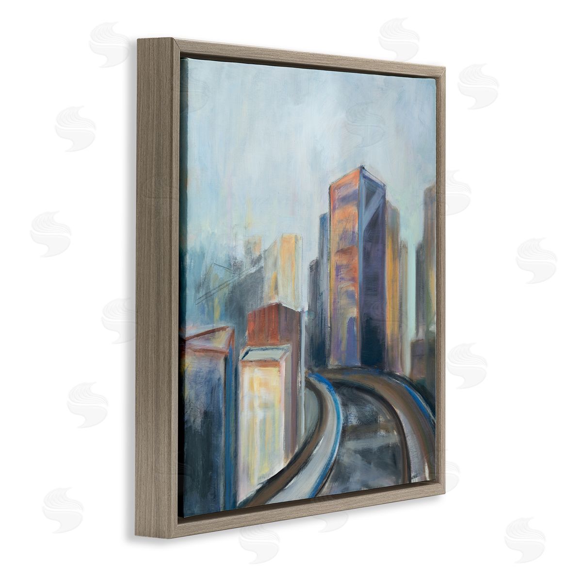 Susanne Marie Contemporary Cityscape Painting Abstract Railway Though Urban Skyline Brown Floating Frame Canvas Wall Art Print
