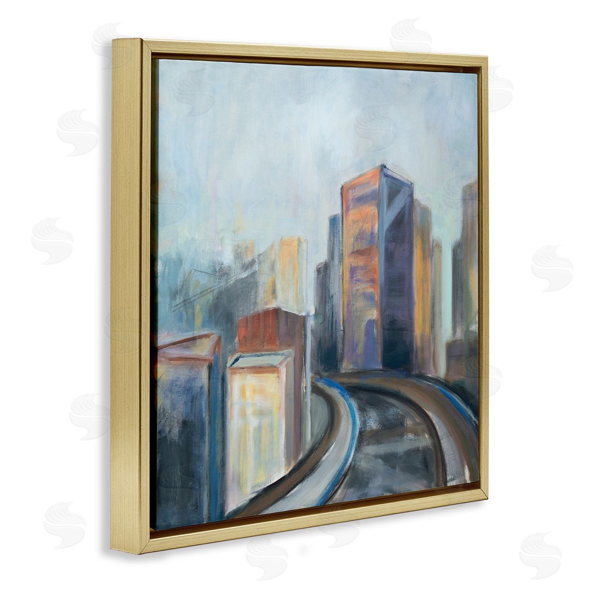 Susanne Marie Contemporary Cityscape Painting Abstract Railway Though Urban Skyline Gold Floating Frame Canvas Wall Art Print