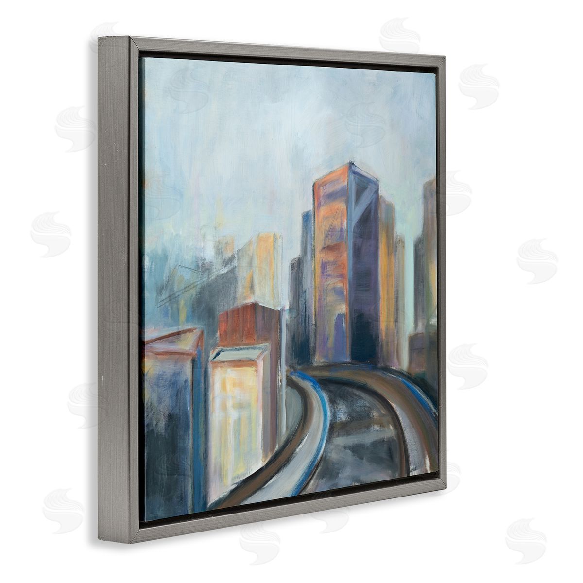 Susanne Marie Contemporary Cityscape Painting Abstract Railway Though Urban Skyline Gray Floating Frame Canvas Wall Art Print