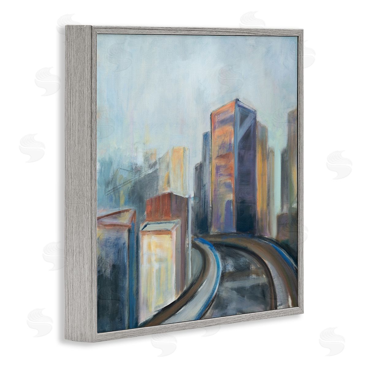 Susanne Marie Contemporary Cityscape Painting Abstract Railway Though Urban Skyline Gray Framed Glicee Wall Art Print