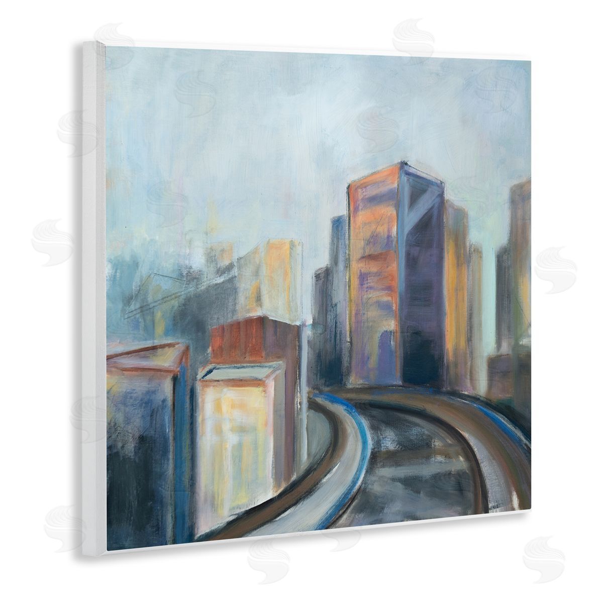 Susanne Marie Contemporary Cityscape Painting Abstract Railway Though Urban Skyline Wooden Wall Plaque Art Print