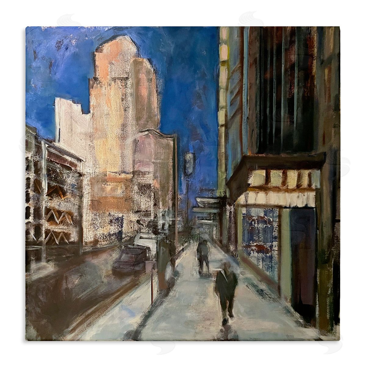 Susanne Marie Abstract Figures Walking Urban City Streets Blue Sky Stretched Canvas Wall Art Print