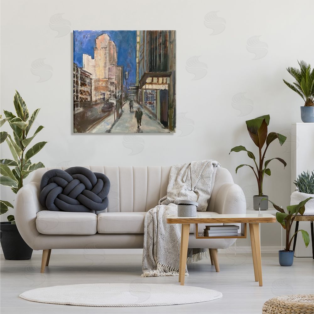 Susanne Marie Abstract Figures Walking Urban City Streets Blue Sky Canvas Wall Art in Room