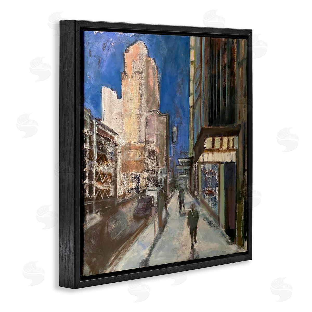 Susanne Marie Abstract Figures Walking Urban City Streets Blue Sky Black Floating Frame Canvas Wall Art Print