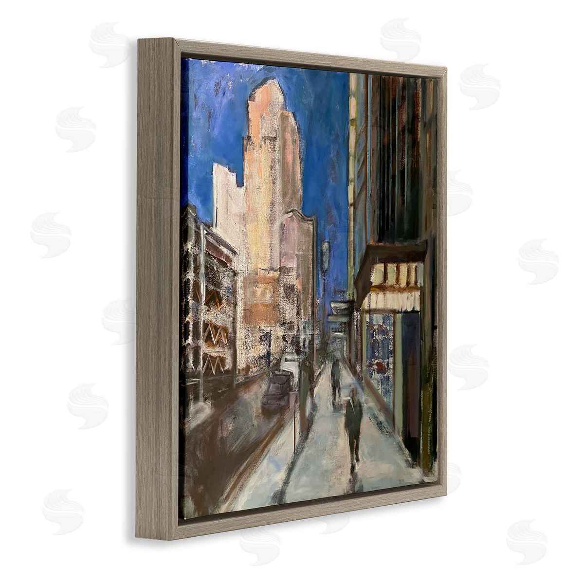 Susanne Marie Abstract Figures Walking Urban City Streets Blue Sky Brown Floating Frame Canvas Wall Art Print