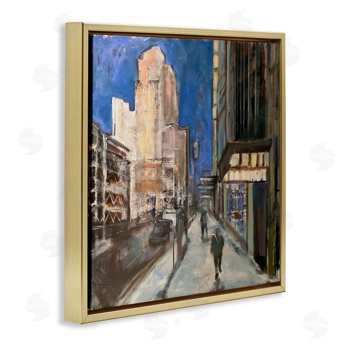 Susanne Marie Abstract Figures Walking Urban City Streets Blue Sky Gold Floating Frame Canvas Wall Art Print