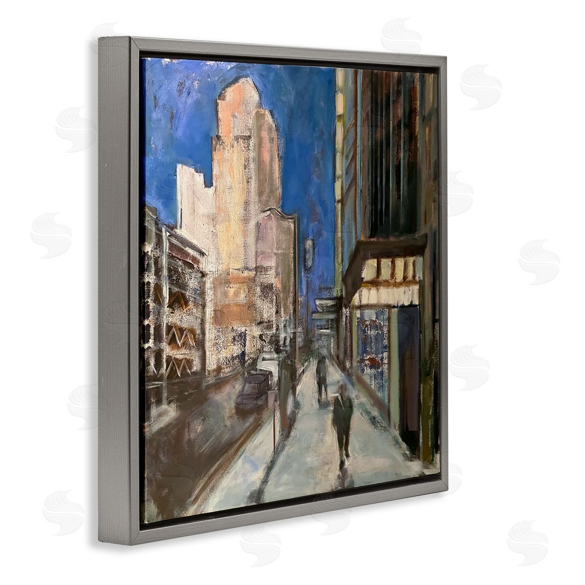 Susanne Marie Abstract Figures Walking Urban City Streets Blue Sky Gray Floating Frame Canvas Wall Art Print